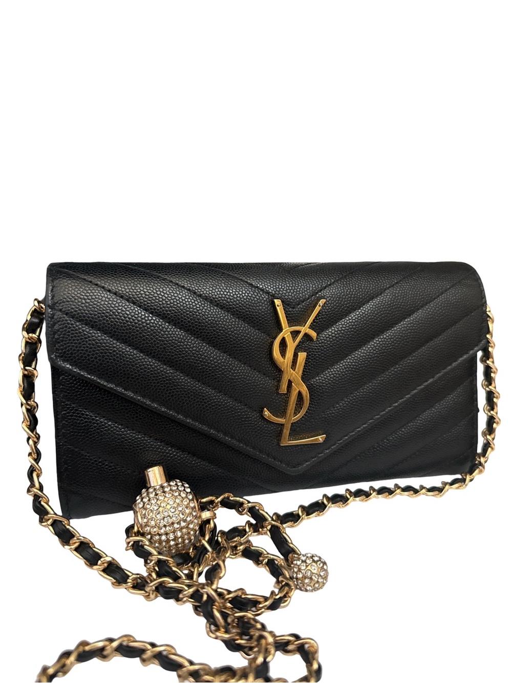 Saint Laurent Black Chevron Leather Wallet with Gold YSL Emblem Crossbody - Picture 9 of 15